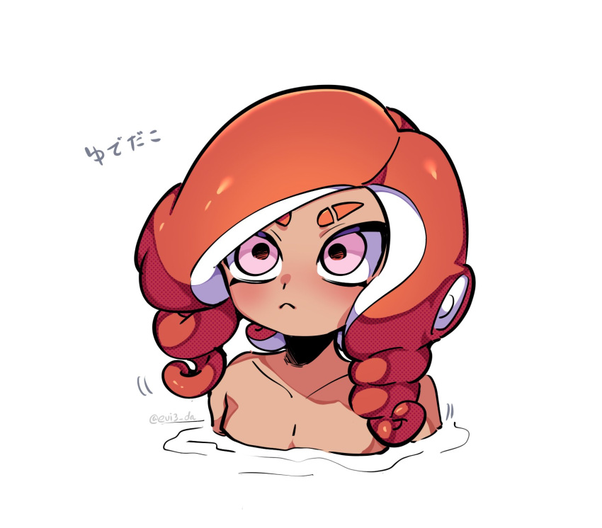 1girl closed_mouth collarbone commentary_request dot_nose drill_hair ebio(evi3_da) eyebrow_cut frown highres long_hair octoling octoling_girl pink_eyes red_hair simple_background solo splatoon_(series) submerged tentacle_hair translation_request twin_drills upper_body white_background