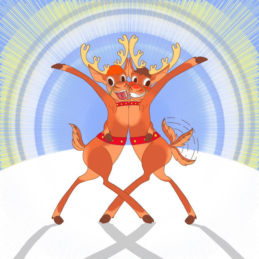 2023 absurd_res anthro antlers arm_around_waist blue_sky blush brown_body brown_fur brown_hair brown_hooves christmas clenched_teeth deer duo embrace excited exposed_armpit eyelids fur hair happy harness hi_res holidays hooves horn long_ears looking_at_viewer looking_away looking_pleasured male male/male mammal markhor_(artist) motion_lines new_world_deer nostrills open_mouth orange_hair pose raised_arm red_harness reindeer shaded shadow simple_background sky smile snow spot's_magical_christmas spot_the_dog_(series) studded_harness tail tail_motion tailwag tan_body tan_fur tan_tail teeth tongue