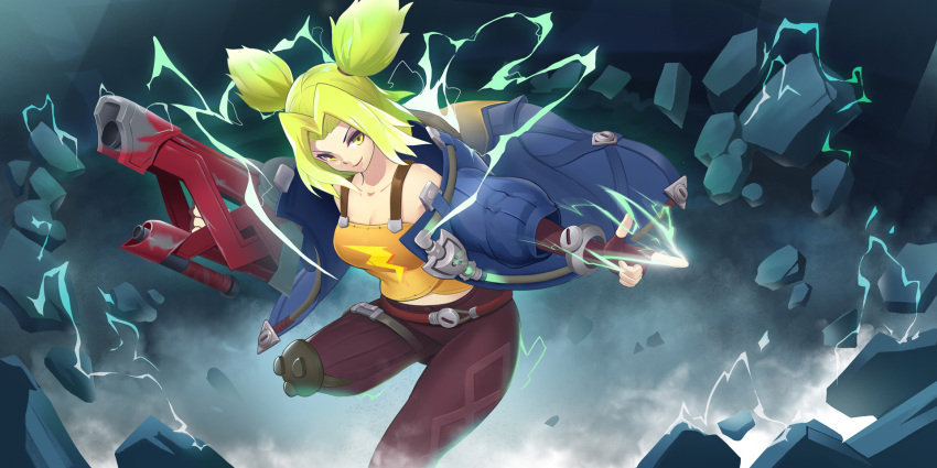 bearbellld blue_jacket brown_gloves brown_pants electricity electrokinesis finger_gun fingerless_gloves floating_rock gloves green_eyes green_hair gun highres holding holding_gun holding_weapon jacket league_of_legends lightning_bolt_symbol open_clothes open_jacket pants parted_bangs pointing tank_top twintails weapon yellow_tank_top zeri_(league_of_legends)