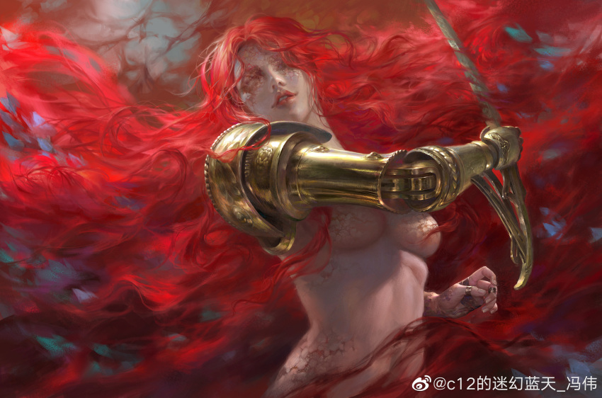 1girl absurdres amputee armor blind breasts elden_ring fengweic12 gold_armor golden_sword highres holding holding_sword holding_weapon long_hair malenia_blade_of_miquella mechanical_arms prosthesis prosthetic_arm red_hair single_mechanical_arm solo sword triple_amputee weapon