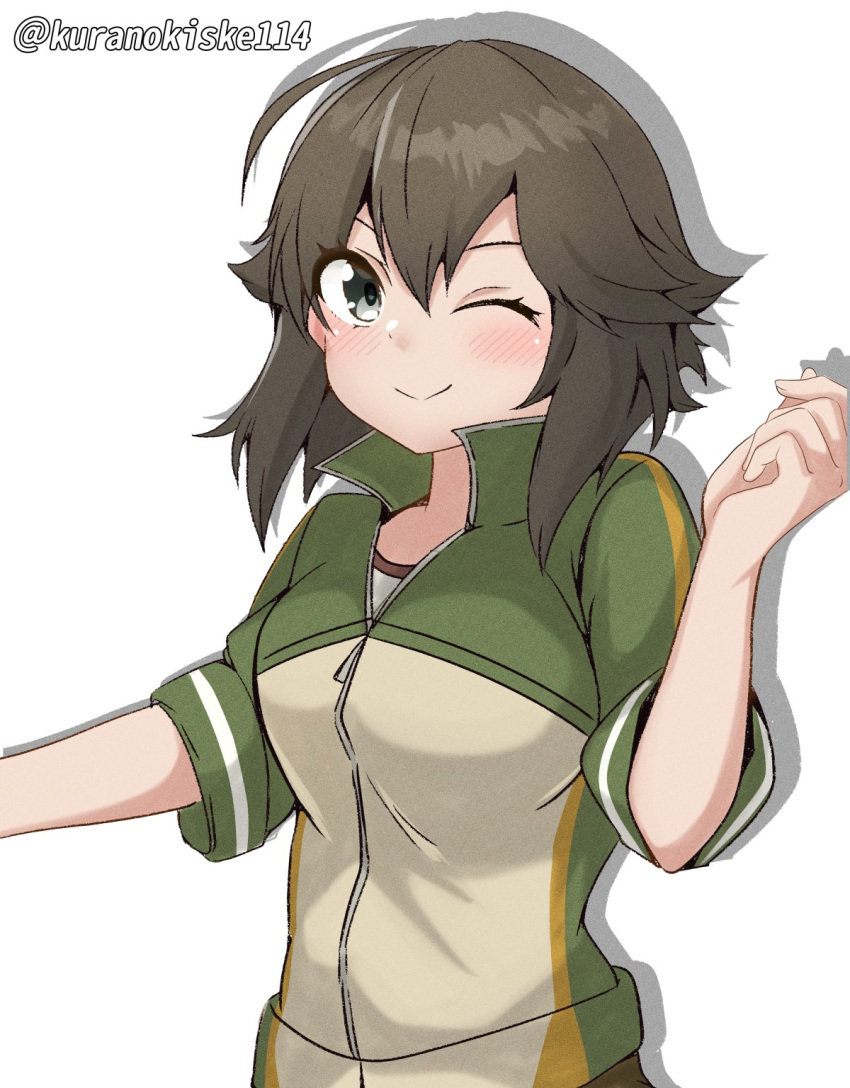 1girl black_hair green_eyes green_jacket hayasui_(kancolle) highres jacket kantai_collection kurano_kisuke medium_hair official_alternate_costume one-hour_drawing_challenge simple_background sleeves_rolled_up smile solo twitter_username upper_body white_background