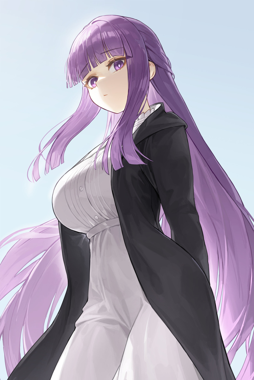 1girl absurdres black_coat blunt_bangs breasts buttons coat collar cotta_(heleif) dress fern_(sousou_no_frieren) frilled_collar frills highres large_breasts long_coat long_dress long_hair long_sleeves looking_at_viewer open_clothes open_coat purple_eyes purple_hair sidelocks simple_background solo sousou_no_frieren straight_hair white_dress