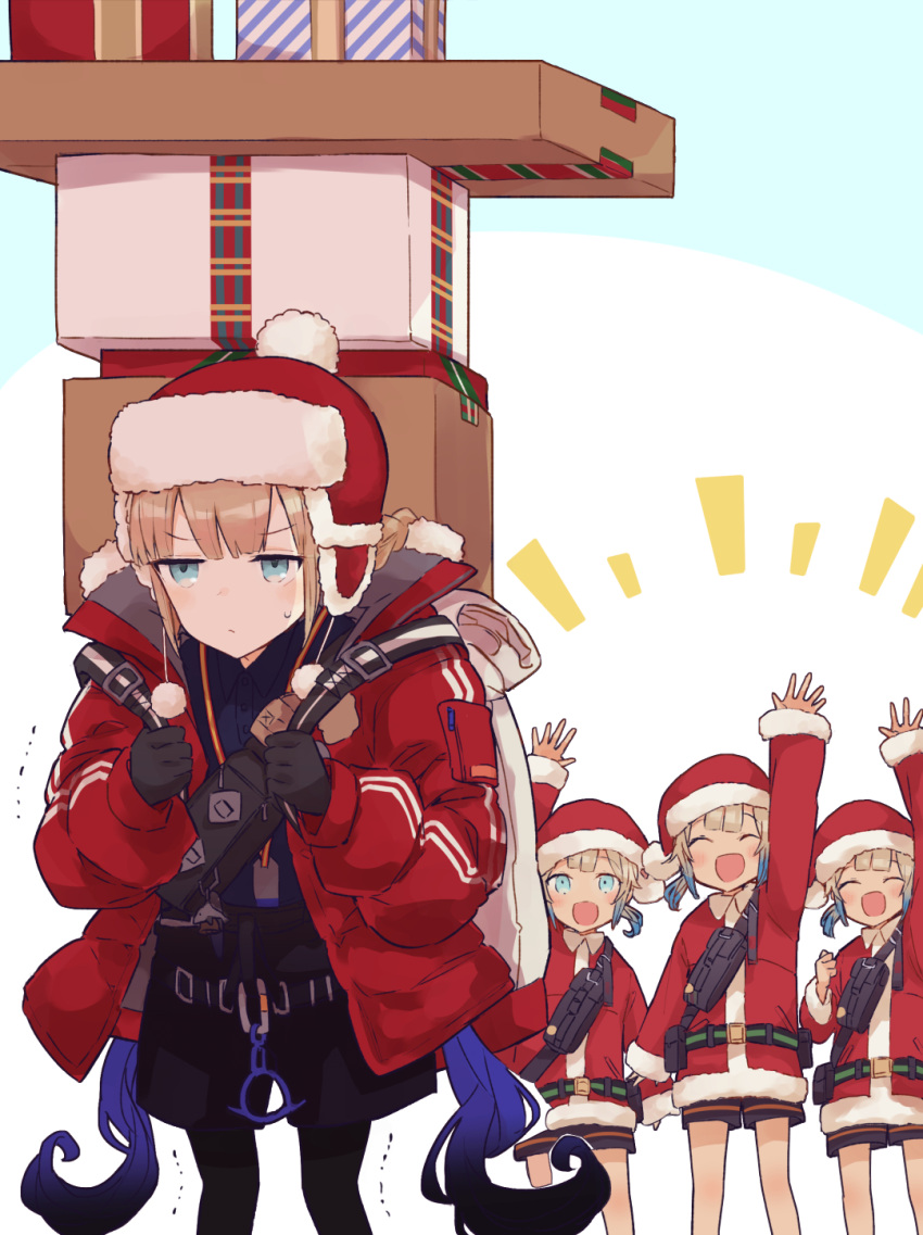 aqua_eyes black_gloves black_shorts captain_nemo_(fate) coat fate/grand_order fate_(series) fur_hat gloves gradient_hair hat heavy highres kak_hac long_hair marine_nemo_(fate) multicolored_hair nemo_(fate) nemo_(santa)_(fate) package red_coat santa_costume santa_hat shorts twintails ushanka waving