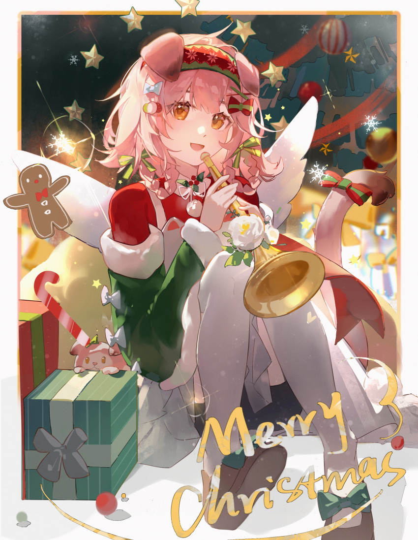 1girl :d absurdres amukeer animal animal_ears arknights blue_hair blush boots bow box braid brown_footwear cat cat_ears cat_girl cat_tail christmas_ornaments detached_sleeves floppy_ears fur-trimmed_sleeves fur_trim gift gift_box gingerbread_man goldenglow_(arknights) goldenglow_(maiden_for_the_bright_night)_(arknights) green_sleeves hairband highres holding holding_instrument horn_(instrument) instrument long_hair looking_at_viewer merry_christmas official_alternate_costume open_mouth pantyhose pink_hair red_bow red_hairband red_shirt shirt sitting smile solo star_(symbol) tail tail_bow tail_ornament white_pantyhose yellow_eyes