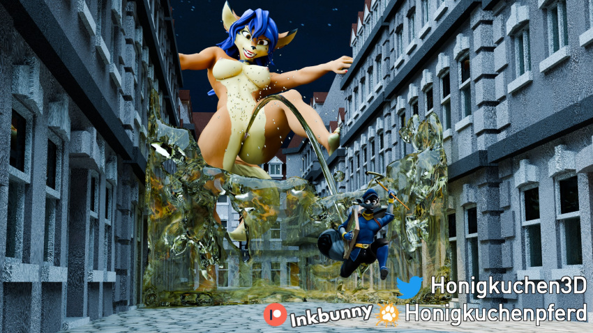 3d_(artwork) anthro belt belt_buckle blue_hair bodily_fluids breasts building carmelita_fox city clothed clothing collar digital_media_(artwork) female genital_fluids genitals glowing glowing_eyes hair hat headgear headwear hi_res holding_object honigkuchenpferd house macro male night nude painting_(object) partial_nudity peeing pussy rooftop sly_cooper sly_cooper_(series) sony_corporation sony_interactive_entertainment staff sucker_punch_productions tail urine watersports window worried