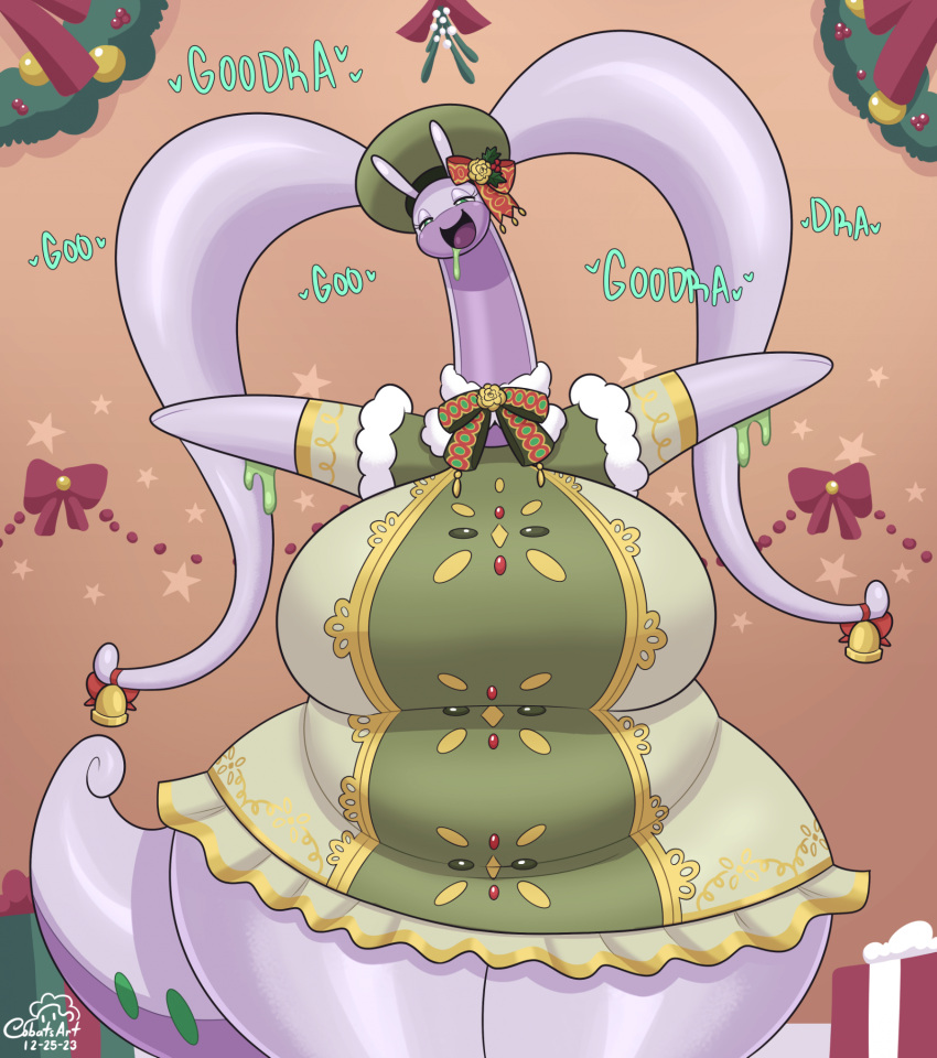 anthro biped clothed clothing cobatsart eyelashes female generation_6_pokemon goodra headgear headwear hi_res looking_at_viewer nintendo pokemon pokemon_(species) pupils smile text thick_thighs