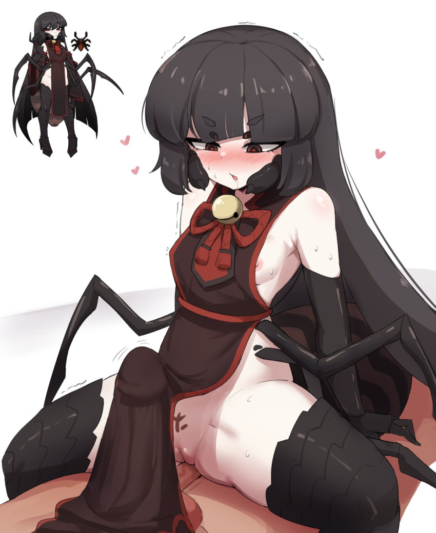 1boy 1girl arthropod_girl bare_shoulders bell black_eyes black_hair blunt_bangs blush borrowed_character breasts carapace commentary creature_and_personification drooling english_commentary extra_ears girl_on_top heart hetero highres long_hair looking_at_penis mandibles nipples open_mouth personification pubic_tattoo pussy red_eyes reference_inset revision sideless_dress sidelocks sifserf simple_background small_breasts spider_girl sweatdrop tattoo terraria two-tone_eyes uncensored white_background