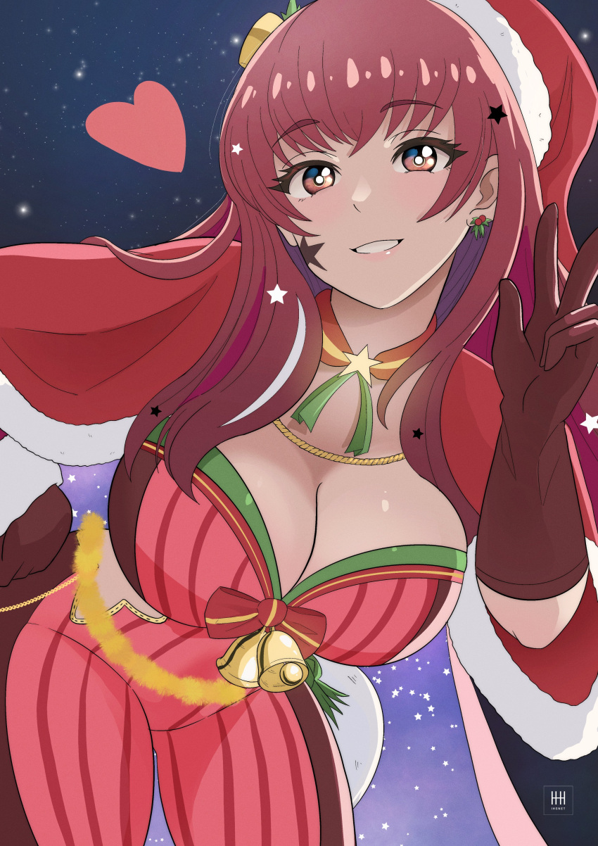 1girl absurdres blue_cape bodysuit cape christmas facial_mark fire_emblem fire_emblem_engage fire_emblem_heroes hair_ornament hat heart highres ihsnet leaning_forward multicolored_cape multicolored_clothes official_alternate_costume red_cape red_hair santa_hat star_(symbol) star_facial_mark star_hair_ornament yunaka_(fire_emblem) yunaka_(fire_emblem)_(spirited_envoy)