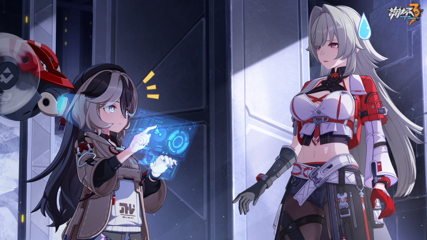 2girls asymmetrical_clothes asymmetrical_gloves black_hair black_nails breasts character_request chinese_commentary closed_mouth furrowed_brow gloves height_difference highres honkai_(series) honkai_impact_3rd large_breasts logo long_hair looking_at_another midriff multicolored_hair multiple_girls navel official_art official_wallpaper parted_lips red_gloves screen standing sweatdrop white_hair white_sleeves