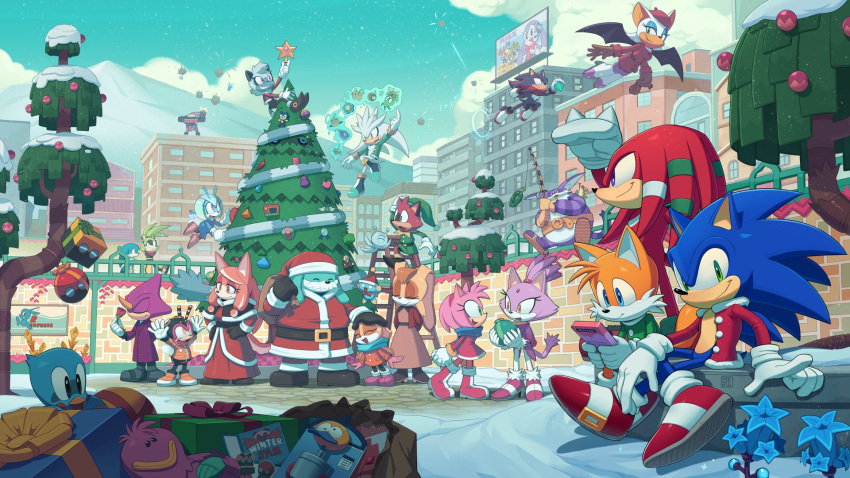 6+boys 6+girls amy_rose big_the_cat blaze_the_cat chaos_emerald charmy_bee cheese_(sonic) christmas christmas_ornaments christmas_tree conductor's_wife_(the_murder_of_sonic_the_hedgehog) conductor_(the_murder_of_sonic_the_hedgehog) cream_the_rabbit cubot digimin dr._eggman e-123_omega espio_the_chameleon flicky_(character) floating flower flying froggy_(sonic) highres husband_and_wife jewel_the_beetle kitsunami_the_fennec knuckles_the_echidna mother_and_daughter multiple_boys multiple_girls official_art orbot protagonist_(the_murder_of_sonic_the_hedgehog) robot rouge_the_bat santa_costume second-party_source shadow_the_hedgehog silver_the_hedgehog smile snow sonic_(series) sonic_the_hedgehog sonic_the_hedgehog_(idw) surge_the_tenrec tails_(sonic) tangle_the_lemur the_murder_of_sonic_the_hedgehog tree vanilla_the_rabbit winter_clothes wisp_(sonic)