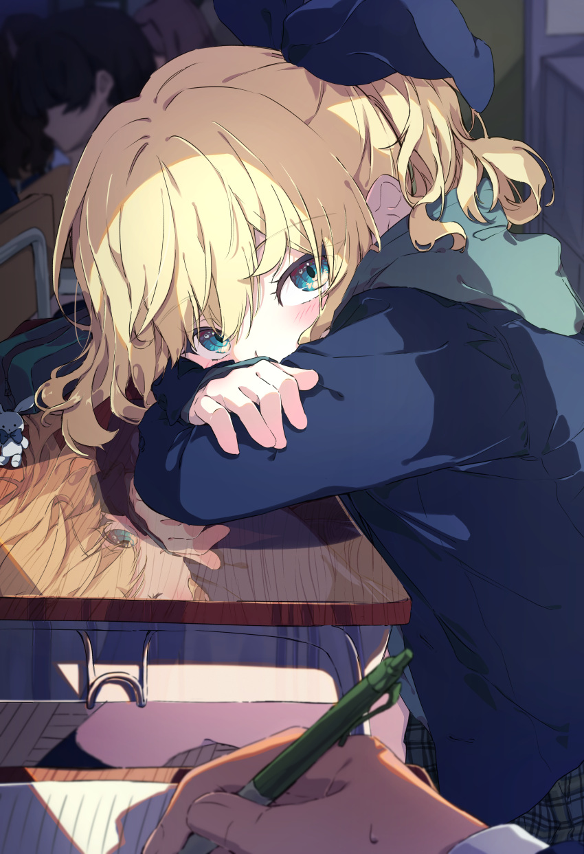 1girl 3others absurdres blonde_hair blue_eyes blue_jacket blue_ribbon blush chair classroom desk eyelashes furrowed_brow hair_between_eyes hair_ornament hair_ribbon highres holding holding_pen hood hood_down hooded_jacket indoors jacket komeko97 long_sleeves looking_at_viewer medium_bangs multiple_others notebook on_chair original paper pen pencil_case pov raised_eyebrows reflection ribbon school_chair school_desk shy sitting skirt solo_focus sweat upturned_eyes writing