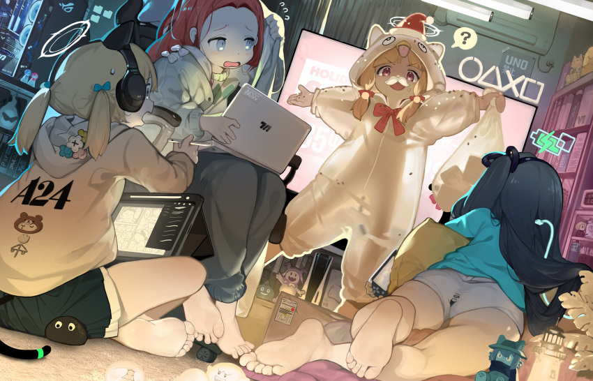 4girls ? absurdly_long_hair absurdres alternate_costume animal_ear_headphones animal_ears aris_(blue_archive) battery_indicator black_hair blonde_hair blue_archive blue_halo commentary fake_animal_ears fake_facial_hair fake_mustache halo headphones highres hood hoodie long_hair long_sleeves menthako midori_(blue_archive) momoi_(blue_archive) multiple_girls open_mouth purple_eyes red_eyes red_hair see-through short_hair spoken_question_mark symbol-only_commentary very_long_hair white_hoodie yuzu_(blue_archive)