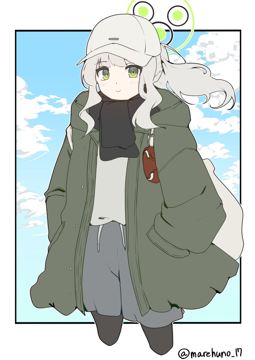 1girl absurdres black_pantyhose black_scarf blue_archive blush closed_mouth commentary cropped_legs green_eyes green_halo green_jacket grey_hair grey_skirt halo hare_(blue_archive) hare_(camp)_(blue_archive) hat highres hood hood_down hoodie jacket long_hair long_sleeves looking_at_viewer mare_funo open_clothes open_jacket pantyhose ponytail scarf skirt smile solo twitter_username white_headwear white_hoodie