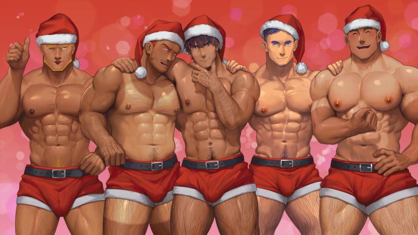 5boys :p ^_^ abs absurdres arm_around_shoulder arm_hair bara beard beard_stubble blush bulge chest_hair christmas closed_eyes covered_penis dark-skinned_male dark_skin facial_hair feet_out_of_frame flexing full_beard goatee gorou_naoki hairy hand_hair hat highres knuckle_hair large_pectorals leg_hair looking_at_viewer male_focus mature_male multiple_boys muscular muscular_male navel navel_hair nipples one_eye_closed original pectorals plump red_headwear santa_costume santa_hat seductive_smile short_hair smile standing stomach tan tanlines thick_eyebrows thick_thighs thighs thumbs_up tongue tongue_out topless_male veins veiny_arms yaoi