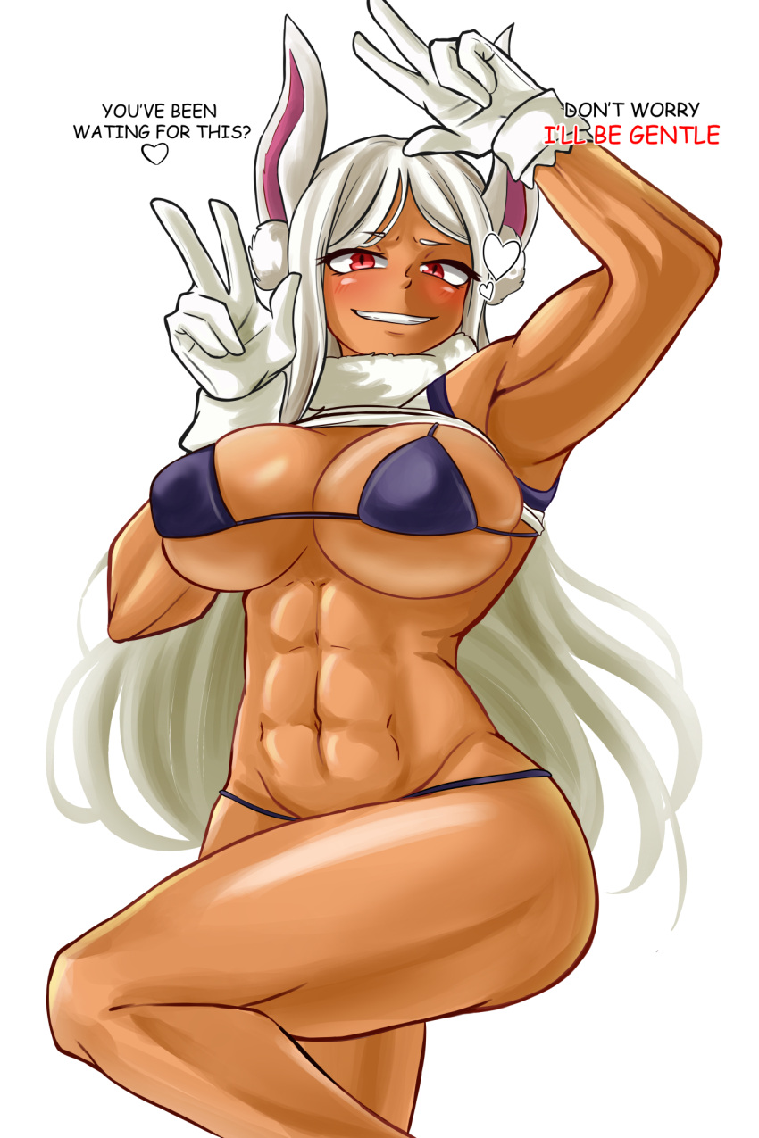 &lt;3 abs animal_ears animal_humanoid big_breasts bikini blue_bikini blue_clothing blue_swimwear blush blush_lines breasts clothing dark_body dark_skin dialogue eyelashes female fur gesture gloves gm_laz hair handwear hi_res huge_breasts humanoid lagomorph lagomorph_humanoid leporid_humanoid long_hair looking_at_viewer mammal mammal_humanoid muscular muscular_female my_hero_academia navel rabbit_humanoid red_eyes rumi_usagiyama simple_background smile solo swimwear talking_to_viewer text thick_thighs v_sign white_background white_body white_clothing white_fur white_gloves white_hair white_handwear wide_hips