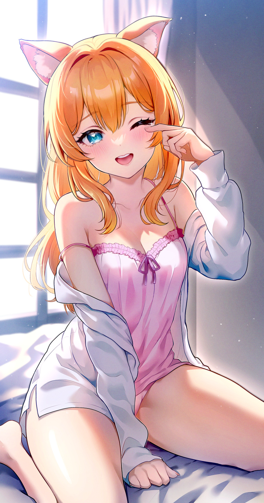 1girl ;d absurdres animal_ear_fluff animal_ears bare_legs bare_shoulders barefoot blue_archive blue_eyes blush breasts camisole cat_ears highres kurosaki_coco long_sleeves looking_at_viewer mari_(blue_archive) off_shoulder on_bed one_eye_closed open_clothes open_mouth open_shirt orange_hair rubbing_eyes shirt sitting small_breasts smile solo spaghetti_strap strap_slip waking_up wariza white_shirt