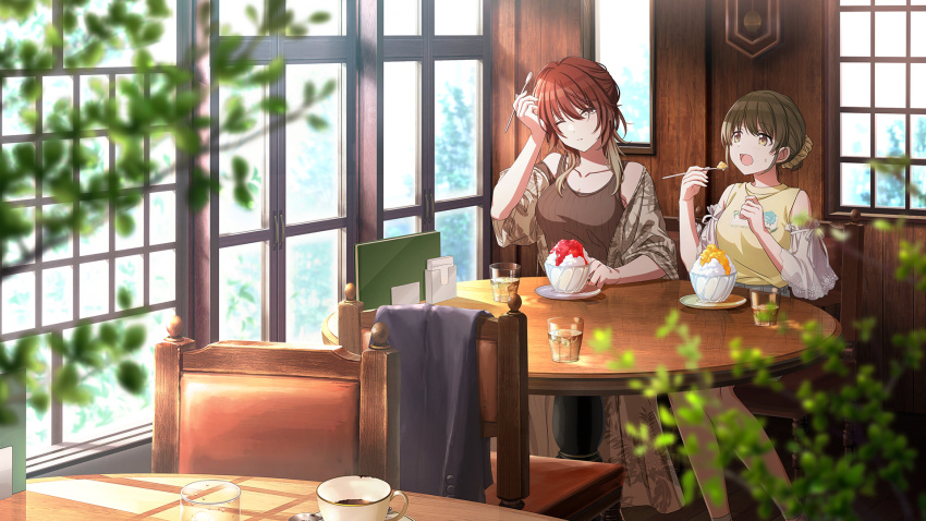 2girls aketa_mikoto bare_shoulders blonde_hair bowl brain_freeze breasts brown_eyes brown_hair cafe chair cleavage clothes_on_object coffee_cup collarbone cup day dessert disposable_cup eating food glass gradient_hair green_eyes green_hair hair_between_eyes hair_over_shoulder half_updo highres holding holding_spoon idolmaster idolmaster_shiny_colors idolmaster_shiny_colors_song_for_prism indoors jacket loose_clothes loose_hair_strand medium_breasts medium_hair menu multicolored_eyes multicolored_hair multiple_girls nanakusa_nichika off_shoulder official_alternate_hairstyle official_art one_eye_closed open_mouth parted_lips plant plate shaved_ice shhis_(idolmaster) short_hair sidelocks sitting sleeveless spoon spoon_straw sunlight sweatdrop syrup table tank_top unworn_jacket upper_body window