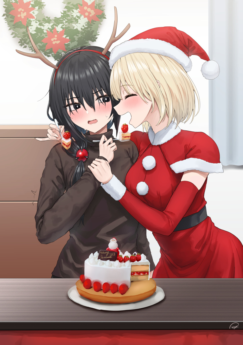 2girls :d ^_^ absurdres ameno_hitsuka antlers black_eyes black_hair blonde_hair blush cake christmas christmas_cake christmas_wreath closed_eyes detached_sleeves food fur-trimmed_sleeves fur_trim hair_between_eyes hair_ornament hat highres holding holding_another's_wrist holding_spoon kamioka_senri medium_hair merry_christmas multiple_girls open_mouth original piripun reindeer_antlers santa_hat sharing_food short_hair signature smile spoon strawberry_shortcake sweatdrop sweater turtleneck turtleneck_sweater wreath yuri