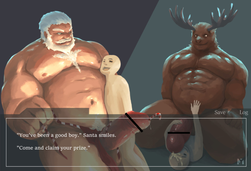 3boys abs artist_self-insert bar_censor bara beard belly candy candy_cane censored chest_hair clothing_aside completely_nude cowgirl_position english_text facial_hair feet_out_of_frame food full_beard furry furry_male girthy_penis good_end large_pectorals large_penis m7_(m7ishere) male_focus male_underwear male_underwear_aside mature_male multiple_boys muscular muscular_male navel nipples nude original pectorals penis plump reindeer_boy santa_claus short_hair standing stomach straddling subtitled thick_beard thick_eyebrows torn_underwear underwear urethral_insertion yaoi