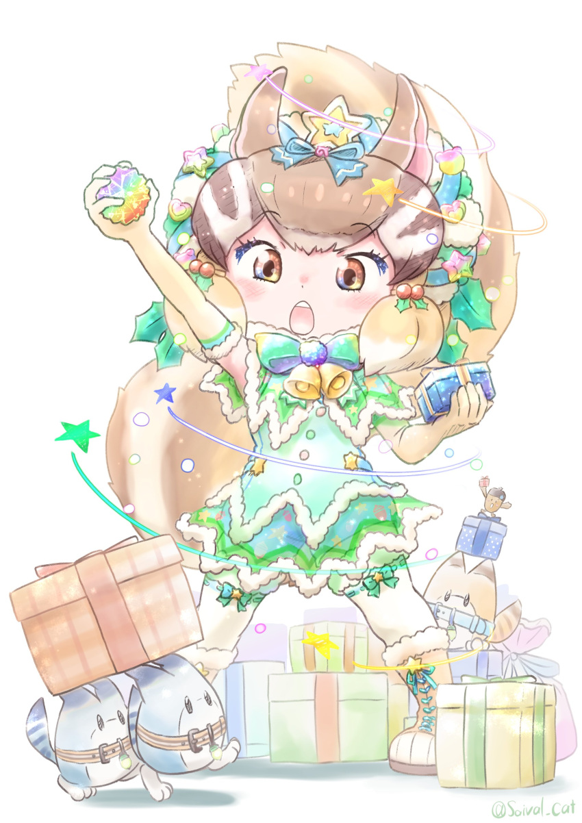 1girl absurdres acorn animal_ears boots bow bowtie brown_eyes brown_hair chipmunk_ears chipmunk_girl chipmunk_tail christmas christmas_present dress elbow_gloves extra_ears gift gloves hair_ornament highres kemono_friends kemono_friends_v_project looking_at_viewer lucky_beast_(kemono_friends) ribbon saival_cat short_hair siberian_chipmunk_(kemono_friends) skirt tail thighhighs virtual_youtuber