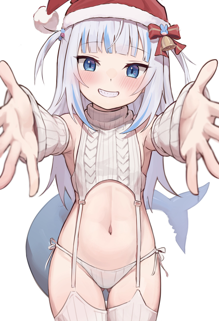 1girl absurdres arm_warmers ass_visible_through_thighs bell blue_eyes blue_hair blush bow breasts clenched_teeth commentary cowboy_shot cropped_sweater english_commentary fur-trimmed_headwear fur_trim gawr_gura grey_hair hair_bell hair_bow hair_ornament hat highres hirotaka0125 hololive long_hair multicolored_hair panties parted_lips reaching reaching_towards_viewer red_headwear santa_hat sharp_teeth side-tie_panties simple_background small_breasts solo streaked_hair sweater teeth thigh_gap thighhighs two_side_up underwear virgin_destroyer_sweater virtual_youtuber white_background white_panties white_sweater white_thighhighs