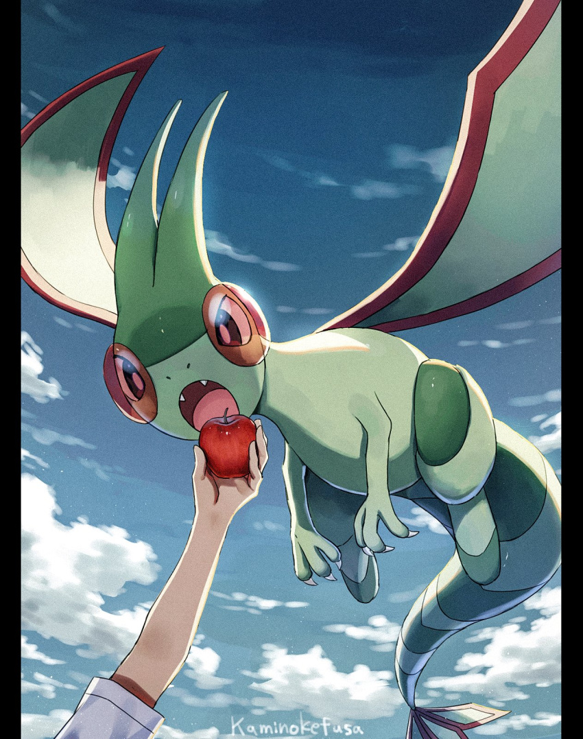 animal_focus antennae apple artist_name blue_sky claws cloud colored_skin eating fangs floating flygon food fruit green_skin highres kaminokefusa open_mouth pillarboxed pokemon pokemon_(creature) sky tail wings