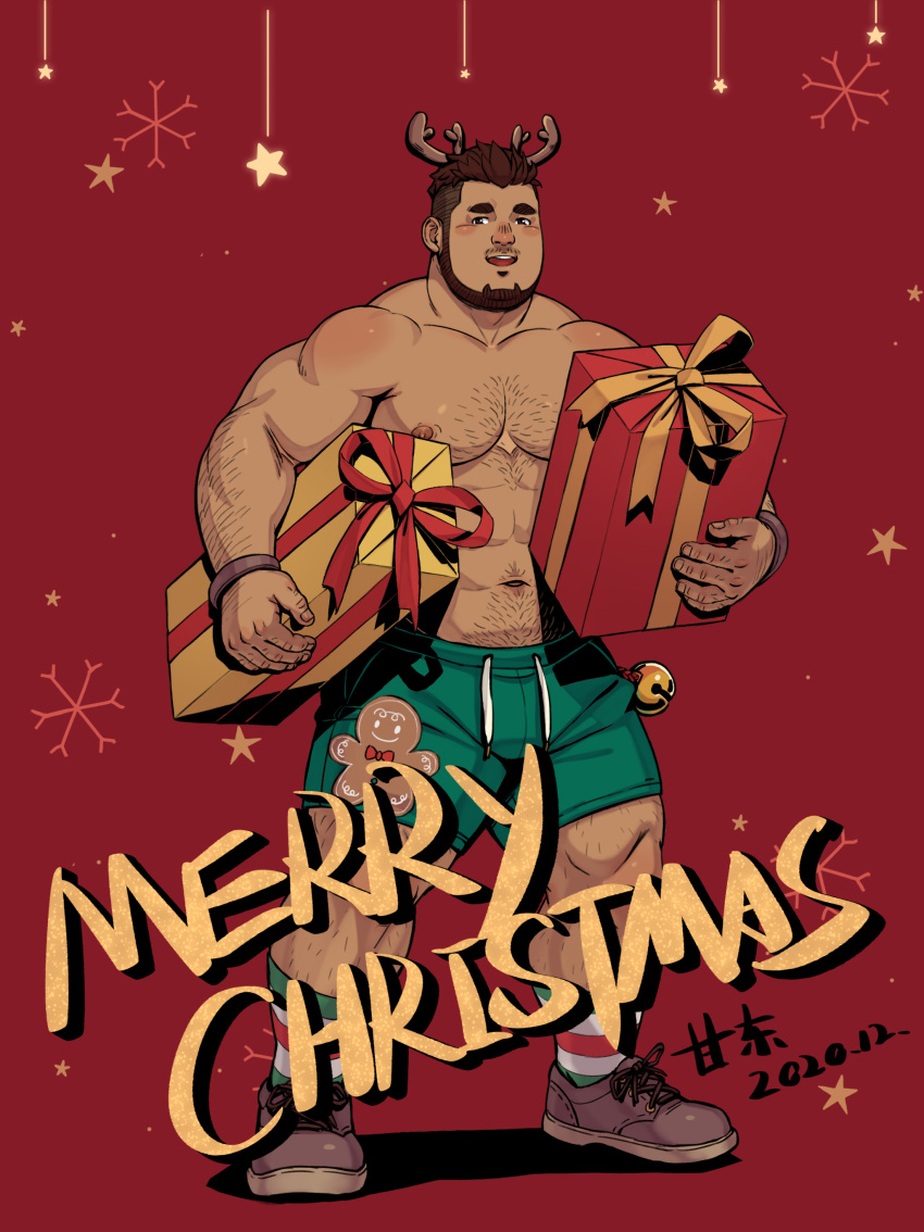 1boy abs absurdres antlers arm_hair bara beard belly boots box character_print character_request chest_hair christmas dark-skinned_male dark_skin dated facial_hair full_beard full_body gangdong gift gift_box hairy highres large_pectorals leg_hair looking_at_viewer male_focus mature_male merry_christmas muscular muscular_male mustache_stubble navel navel_hair nipples original pectorals plump print_shorts reindeer_antlers short_hair shorts smile socks solo standing stomach strongman_waist thick_eyebrows topless_male