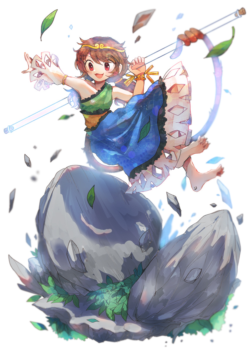 1girl :d barefoot blue_dress brown_hair circlet detached_sleeves dress falling_leaves full_body green_dress highres itomugi-kun leaf long_hair low_twintails monkey_girl monkey_tail multicolored_clothes multicolored_dress open_mouth red_eyes rock simple_background single_detached_sleeve smile soles solo son_biten tail test_tube touhou twintails white_background yellow_dress