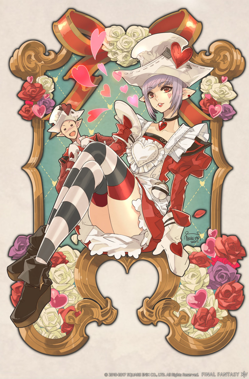 1girl apron black_choker black_thighhighs boots brown_footwear choker crossed_legs dated earrings elezen elf final_fantasy final_fantasy_xiv flower fold-over_boots hat heart heart_apron heart_choker highres ito_noizi jewelry juliet_sleeves lipstick lisette_de_valentione long_sleeves looking_at_viewer makeup mittens mole mole_under_eye official_art ornate_border parted_lips picture_frame pointy_ears puffy_sleeves purple_flower purple_hair purple_rose red_eyes red_flower red_lips red_rose rose short_hair signature sitting smile solo_focus striped striped_thighhighs thighhighs valentine white_apron white_flower white_mittens white_rose