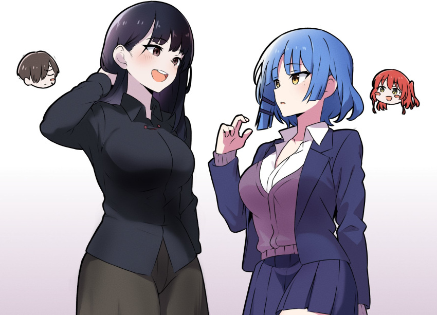 1boy 3girls alternate_breast_size amogan black_hair black_jacket blue_hair blush_stickers bocchi_the_rock! boku_no_kokoro_no_yabai_yatsu breasts brown_eyes brown_hair cardigan commentary_request crossover hair_ornament hair_over_one_eye hairclip hand_in_own_hair highres ichikawa_kyoutarou jacket kita_ikuyo large_breasts long_hair medium_hair miniskirt multiple_girls name_connection one_side_up pleated_skirt purple_cardigan red_hair skirt yamada_anna yamada_ryo yellow_eyes