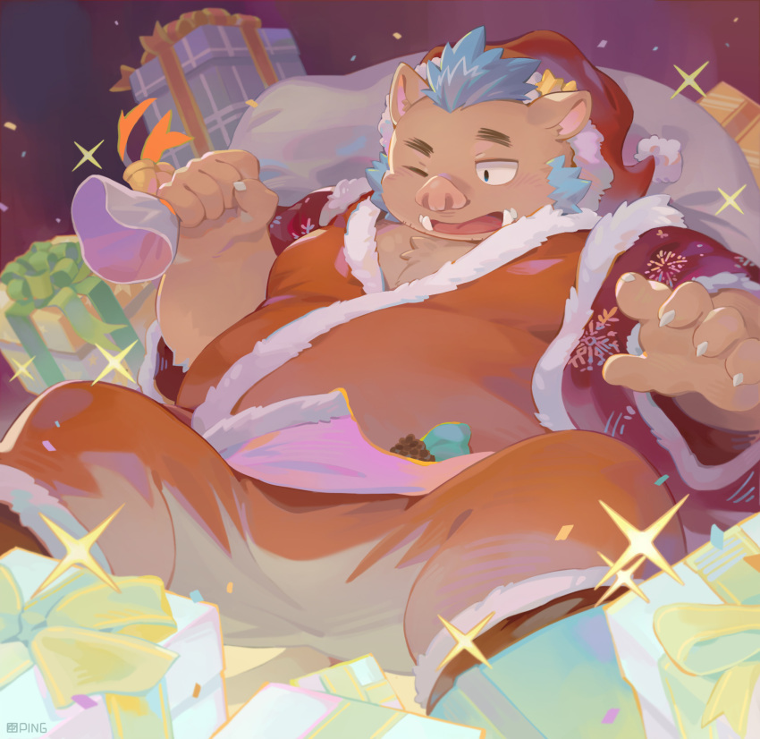 1boy animal_ears artist_logo bara belly boar_boy boar_ears claws fat furry furry_male ganglie_(housamo) gift hat highres holding holding_sack male_focus mixed-language_commentary one_eye_closed pig_nose sack santa_costume santa_hat seamonsterping sparkle tokyo_afterschool_summoners tusks