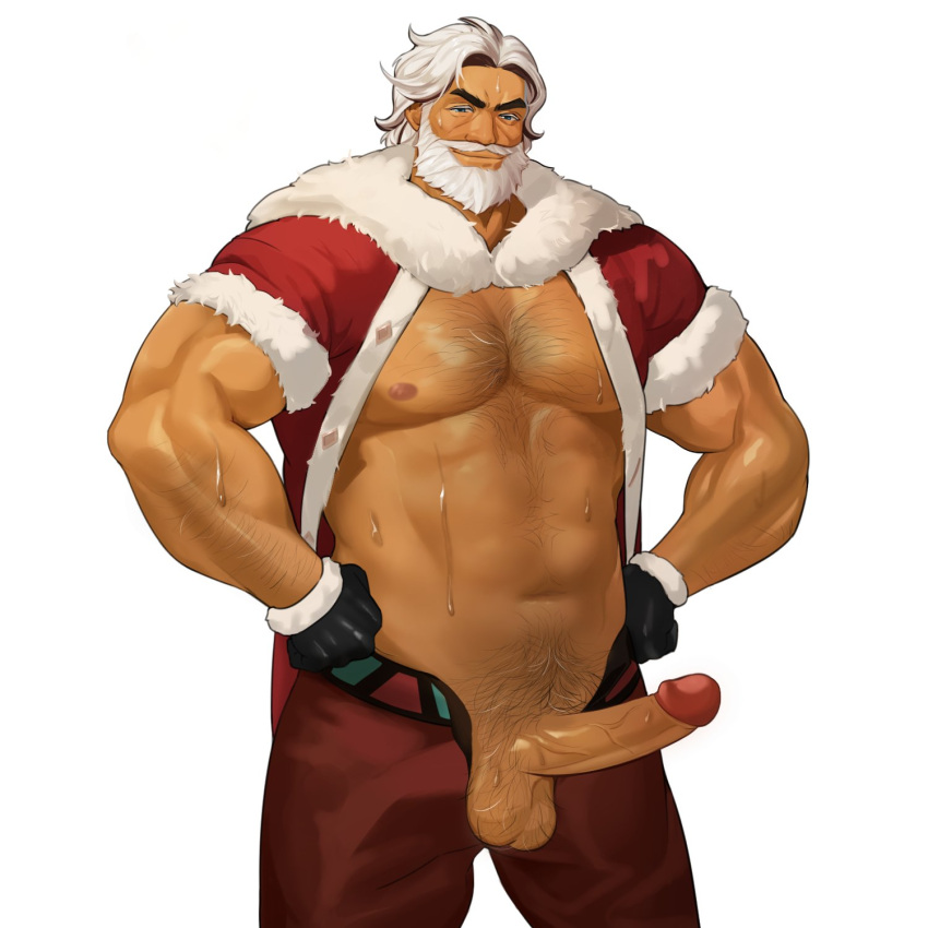 1boy abs arm_hair bara bare_pectorals beard blue_eyes chest_hair christmas cookie_run dark-skinned_male dark_skin eggnog_cookie erection facial_hair full_beard fur_trim hairy highres humanization large_pectorals looking_at_viewer male_focus male_pubic_hair mature_male mismatched_eyebrows muscular muscular_male mustache navel_hair nipples open_clothes open_pants pants pectorals penis pubic_hair red_headwear santa_costume seductive_smile short_hair smile solo strongman_waist thick_beard thick_eyebrows uncensored white_hair yumilbo