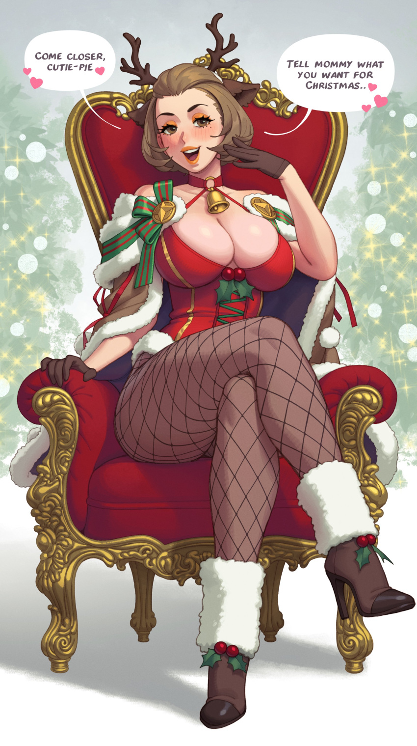 1girl absurdres alternate_costume animal_ears antlers bell breasts brown_eyes brown_hair christmas cleavage crossed_legs deer_antlers english_text eyeshadow fake_animal_ears fake_antlers fire_emblem fire_emblem:_three_houses fire_emblem_heroes fishnet_pantyhose fishnets fur_trim gloves hair_slicked_back highres large_breasts makeup manuela_casagranda manuela_casagranda_(winter) mole mole_under_eye official_alternate_costume orange_eyeshadow orange_lips pantyhose reindeer_antlers riz short_hair smile