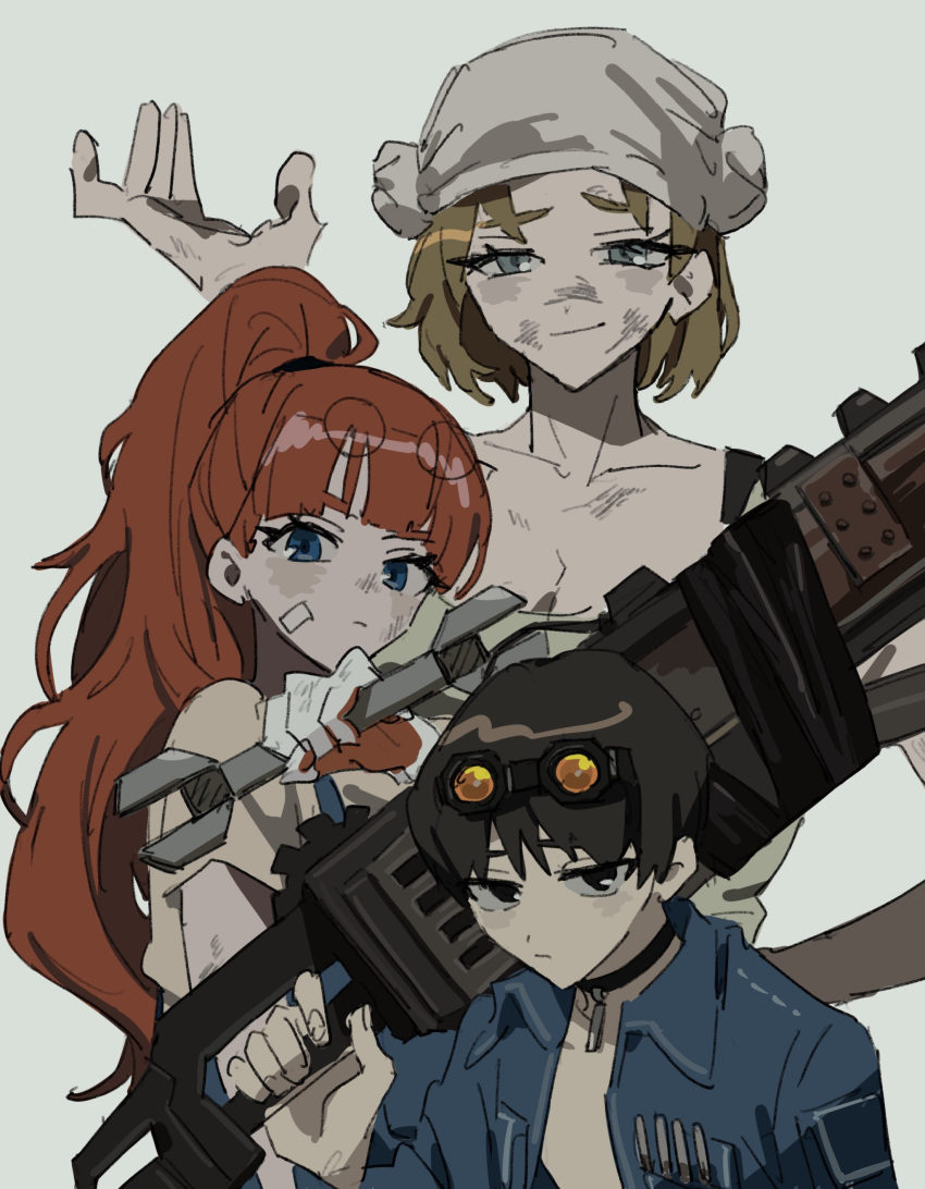 1boy 2girls absurdres aqua_eyes black_choker blue_jacket chainsaw choker eyewear_on_head head_scarf high_ponytail highres holding holding_weapon holding_wrench jacket limbus_company long_hair looking_at_viewer meisenlcb mika_(project_moon) multiple_girls olga_(project_moon) open_clothes open_jacket project_moon rain_(project_moon) red_hair round_eyewear simple_background upper_body very_long_hair weapon white_background wrench
