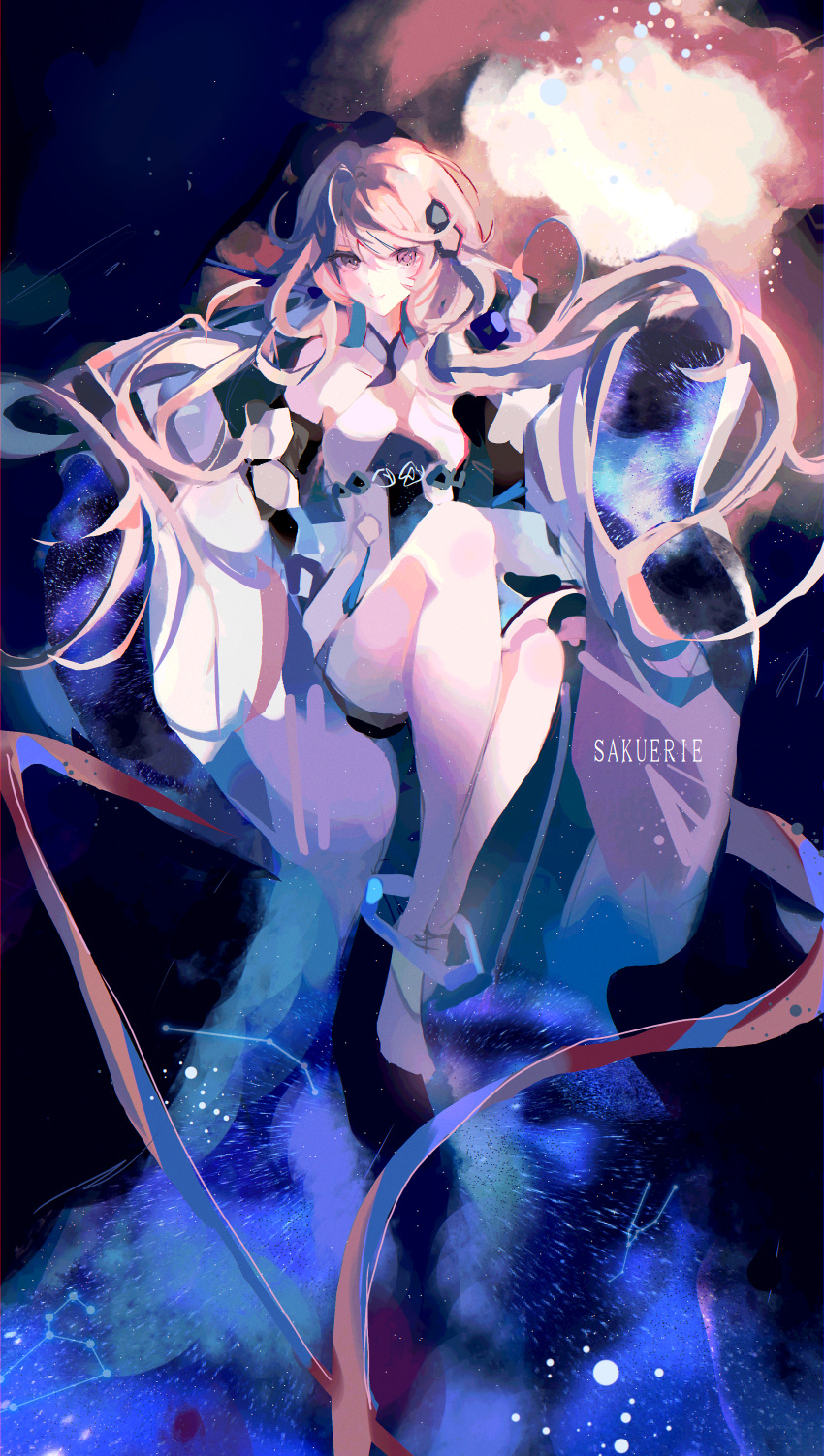 1girl absurdres artist_name bare_legs bare_shoulders blue_background constellation detached_sleeves dress floating_hair full_body genshin_impact guizhong_(genshin_impact) halter_dress halterneck highres hiranmayi knees_up light_particles long_hair midair solo white_dress wide_sleeves