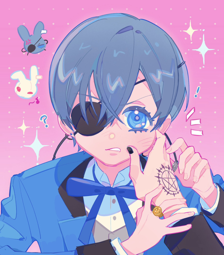 ! 2boys ? anger_vein black_jacket black_nails black_sleeves blue_bow blue_bowtie blue_eyes blue_hair blue_jacket blue_sleeves blush bow bowtie buttons cheek_pinching chinese_commentary ciel_phantomhive clenched_teeth coattails collared_jacket colored_eyelashes commentary_request earrings eyepatch gradient_background grey_vest hand_on_another's_cheek hand_on_another's_face hand_tattoo highres jacket jewelry kuroshitsuji long_sleeves looking_at_viewer male_focus multiple_boys musical_note nail_polish notice_lines open_clothes open_jacket pentagram pinching pink_background polka_dot polka_dot_background pov rabbit ring sebastian_michaelis shirt short_hair solo_focus sparkle stud_earrings tattoo teeth two-sided_fabric two-sided_jacket upper_body v-shaped_eyebrows vest white_shirt yaoi yeshisi