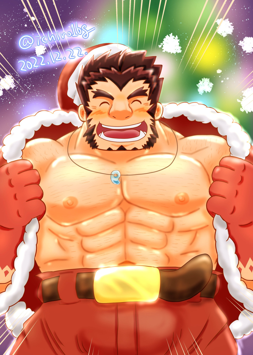 1boy ^_^ abs absurdres alternate_costume bara bare_pectorals black_hair blush christmas closed_eyes dated emphasis_lines facing_viewer forked_eyebrows hat highres kumanomi_ichiro large_pectorals male_focus muscular muscular_male mutton_chops navel nipples pectorals red_headwear santa_costume santa_hat short_hair solo sparse_chest_hair square_face strongman_waist tajikarao_(housamo) thick_eyebrows tokyo_afterschool_summoners tusks undressing