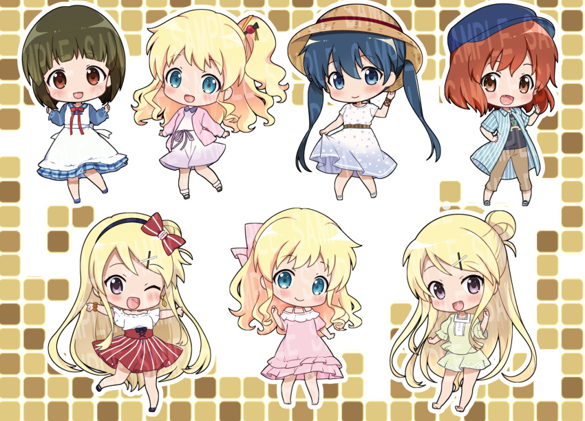 5girls alice_cartelet aqua_eyes blonde_hair blue_eyes blue_hair blue_headwear bow bowtie brown_hair chibi dress highres inokuma_youko kin-iro_mosaic komichi_aya kujou_karen long_hair looking_at_viewer low_twintails multiple_girls one_eye_closed oomiya_shinobu open_mouth pink_dress purple_bow purple_bowtie sample_watermark short_hair smile tsurugi_hikaru twintails watermark