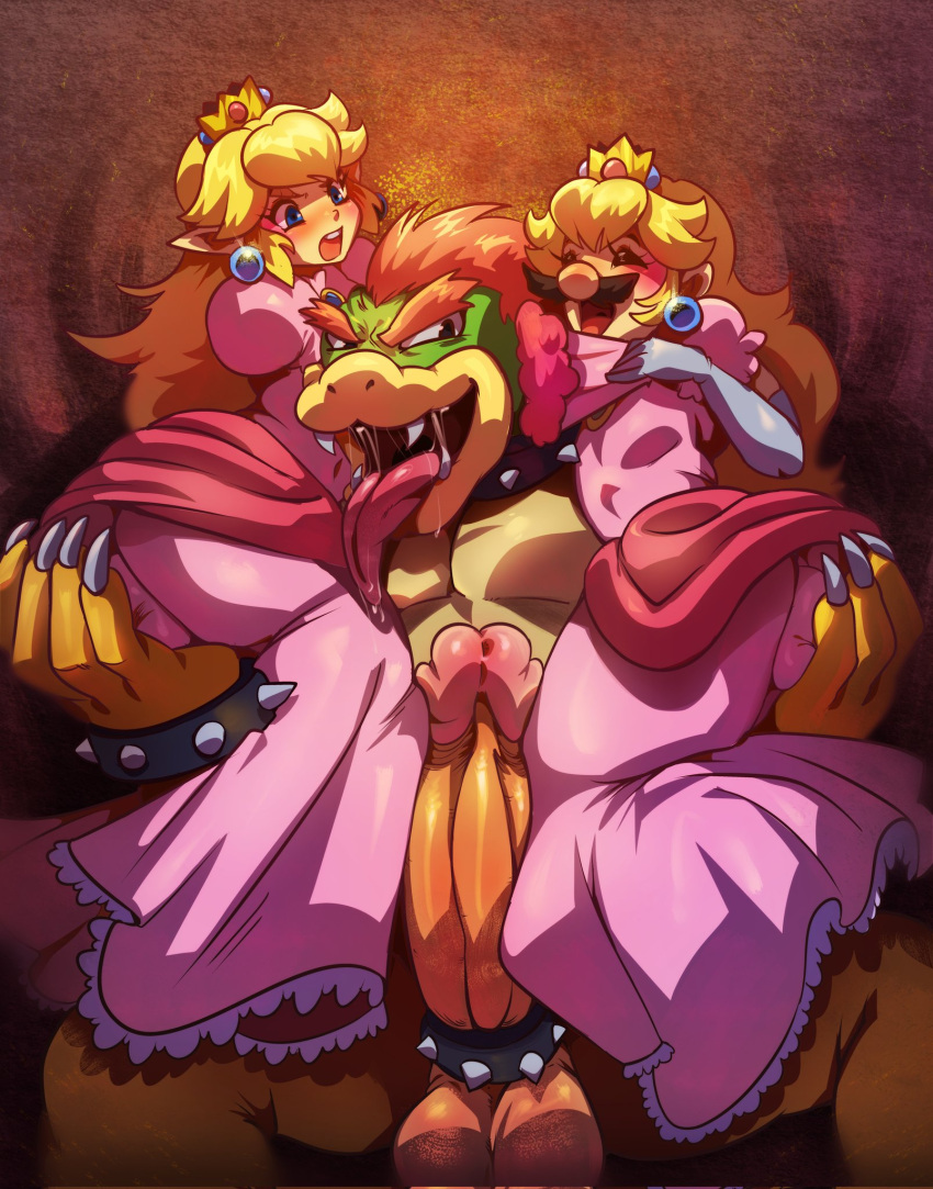 accessory anthro armwear balls blonde_hair blush bodily_fluids bowser carrying_another claws clothed clothing cock_ring cosplay crossdressing crossover crossover_cosplay crown drcockula dress ear_piercing ear_ring elbow_gloves elf erection genitals girly gloves group hair hand_on_butt handwear headgear hi_res human human_on_anthro humanoid humanoid_genitalia humanoid_on_anthro humanoid_penis humanoid_pointy_ears hylian interspecies jewelry licking light_body light_skin link long_hair luigi male male/male mammal mario_bros nintendo open_mouth penis penis_accessory penis_jewelry piercing princess_peach red_hair ring_piercing saliva teeth the_legend_of_zelda tongue tongue_out trio