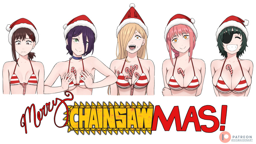 5girls absurdres arms_behind_back bikini black_choker black_hair blonde_hair breasts breasts_squeezed_together brown_eyes brown_hair chainsaw_man choker cleavage cross-shaped_pupils demon_girl demon_horns dismaiden eyepatch green_eyes hair_ornament hair_over_one_eye hairclip hands_on_own_breasts higashiyama_kobeni highres himeno_(chainsaw_man) horns horns_through_headwear large_breasts looking_at_viewer makima_(chainsaw_man) medium_breasts merry_christmas multiple_girls patreon_logo patreon_username pink_hair ponytail power_(chainsaw_man) purple_hair red_headwear red_horns reze_(chainsaw_man) short_hair small_breasts striped striped_bikini swimsuit symbol-shaped_pupils yellow_eyes