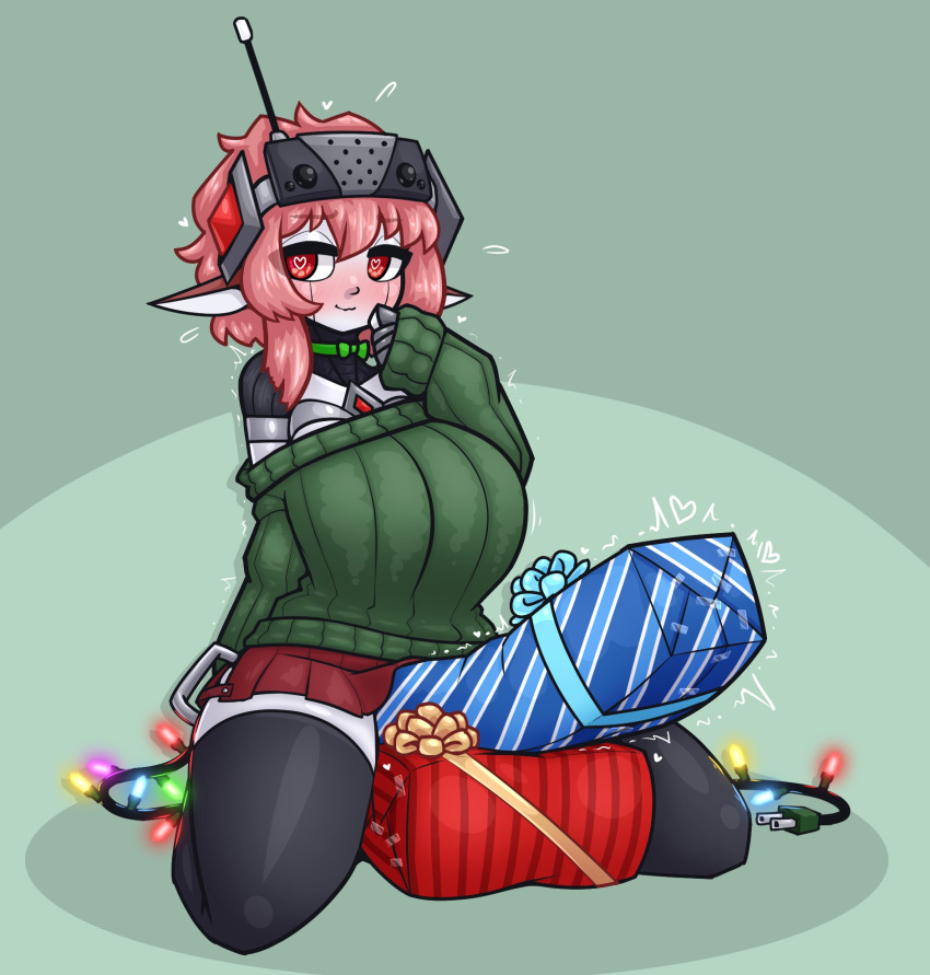 &lt;3 &lt;3_eyes big_breasts blush breasts christmas christmas_lights clothing dick_in_a_box female gift hair hi_res holidays huge_breasts humanoid kneeling limebreaker looking_aside machine not_furry pink_hair red_eyes robot robot_humanoid shadow smile solo sweater thick_thighs topwear white_body