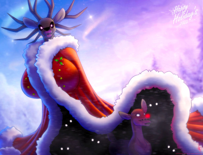 absurd_res anthro big_breasts breasts christmas christmas_clothing clothing deer female hi_res holidays lips looking_at_viewer mammal red_nose solo specimen_8 spooky's_jump_scare_mansion thick_lips walter_sache winter