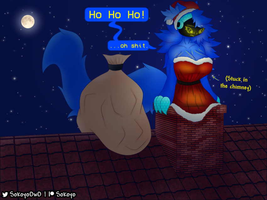 4:3 4_fingers anthro bag big_breasts blue_body blue_fur blue_hair breasts chimney christmas christmas_clothing christmas_headwear claws cleavage clothed clothing costume cybernetics cyborg displeased dress exposed_shoulders female fingers fur hair hat headgear headwear hi_res holidays humanoid inner_ear_fluff long_hair long_tail looking_down machine mammal moon night present_sack protogen protogen_visor red_clothing rooftop santa_costume santa_hat sokoyo_owo solo star starry_(sokoyo_owo) stuck tail text text_box thick_thighs tuft yellow_body