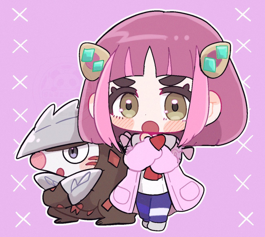 1girl chibi commentary_request crossed_arms excadrill eyelashes full_body grey_eyes jacket lacey_(pokemon) medium_hair pandakokkopanda pink_jacket pokemon pokemon_(creature) pokemon_sv purple_background purple_hair simple_background snout v-shaped_eyebrows