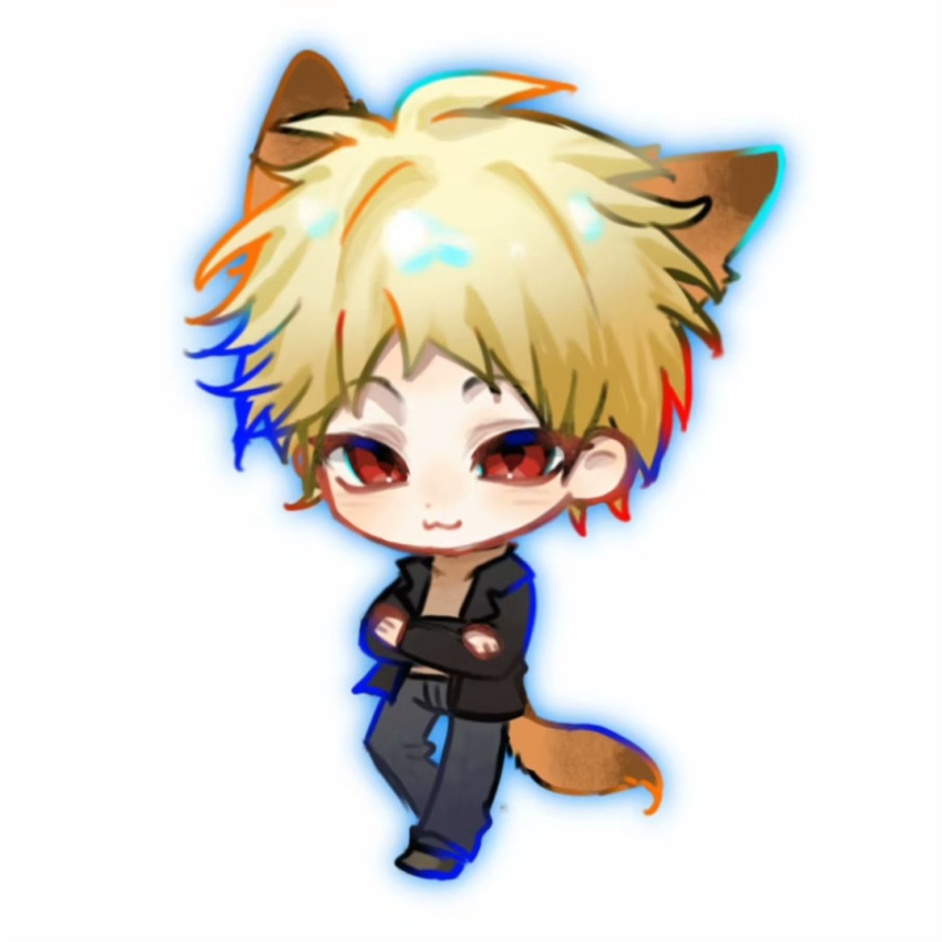 1boy :3 animal_ears atou_haruki black_jacket blonde_hair brown_sweater closed_mouth crossed_arms denim fox_boy fox_ears fox_tail grey_pants jacket jeans kemonomimi_mode long_sleeves looking_at_viewer male_focus ming_chao open_clothes open_jacket pants red_eyes saibou_shinkyoku short_hair simple_background solo sweater tail turtleneck white_background