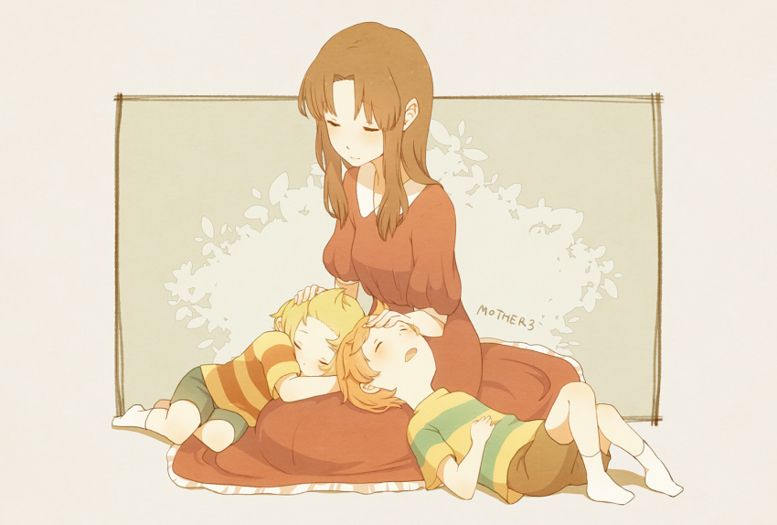 1girl 2boys blonde_hair brown_hair brown_shirt claus_(mother_3) closed_eyes closed_mouth dress family grey_background grey_shorts hand_on_another's_head hinawa long_hair lucas_(mother_3) mother_(game) mother_3 multiple_boys orange_hair red_dress shifumame shirt shorts sleeping socks striped striped_shirt white_socks