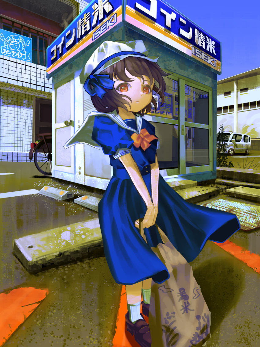 1girl absurdres bag bicycle blue_dress blue_ribbon blue_sky bow bowtie brown_footwear brown_hair building closed_mouth commentary day dress full_body hat hat_ribbon highres holding holding_bag iseki_(company) kagenoyuhi loafers looking_at_viewer mob_cap motor_vehicle orange_bow orange_bowtie original outdoors parking_lot puffy_short_sleeves puffy_sleeves ribbon rice_mill sailor_collar sailor_dress shoes short_hair short_sleeves sky socks solo v_arms van white_headwear white_sailor_collar white_socks wind