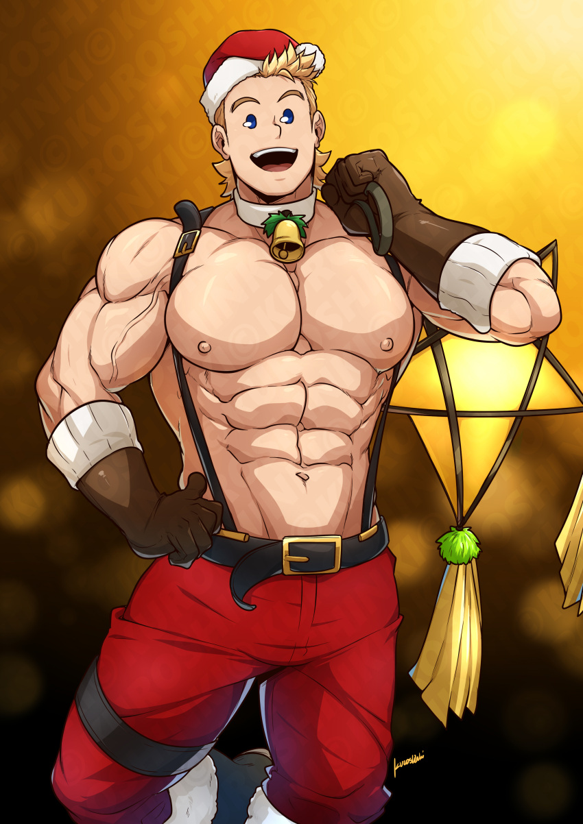 1boy abs absurdres bara belt black_belt blonde_hair boku_no_hero_academia boots brown_gloves christmas gloves hat highres kuroshinki large_pectorals looking_at_viewer male_focus muscular muscular_male navel nipples open_mouth pants pectorals red_pants santa_hat short_hair smile solo suspenders togata_mirio twitter_username watermark