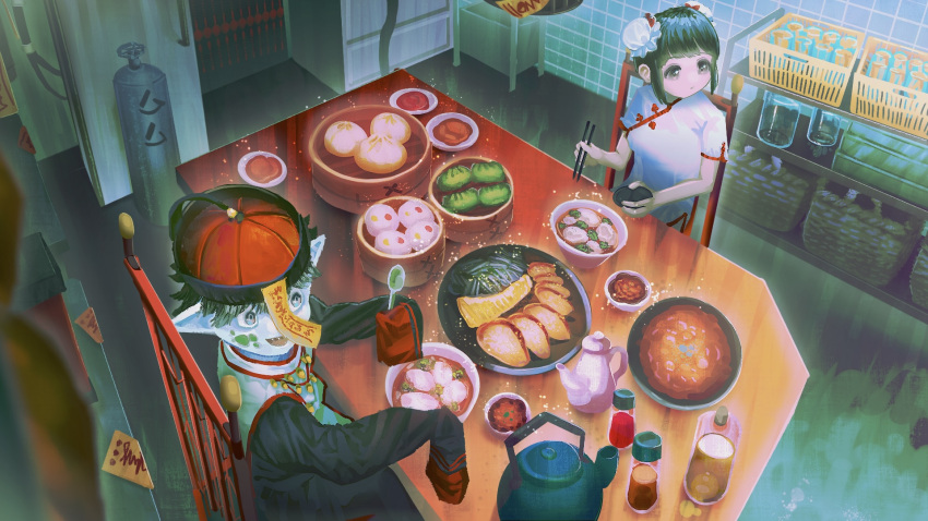 1boy 1girl bamboo_steamer baozi black_hair black_jacket bowl bun_cover chair china_dress chinese_clothes chopsticks colored_skin double_bun dress eating food from_above grey_skin hair_bun hat highres holding holding_chopsticks holding_spoon indoors jacket jiangshi kagenoyuhi kitchen long_sleeves looking_to_the_side mili_(band) ofuda open_mouth plate qingdai_guanmao short_hair short_sleeves sitting sleeves_past_fingers sleeves_past_wrists smile spoon table teapot white_dress