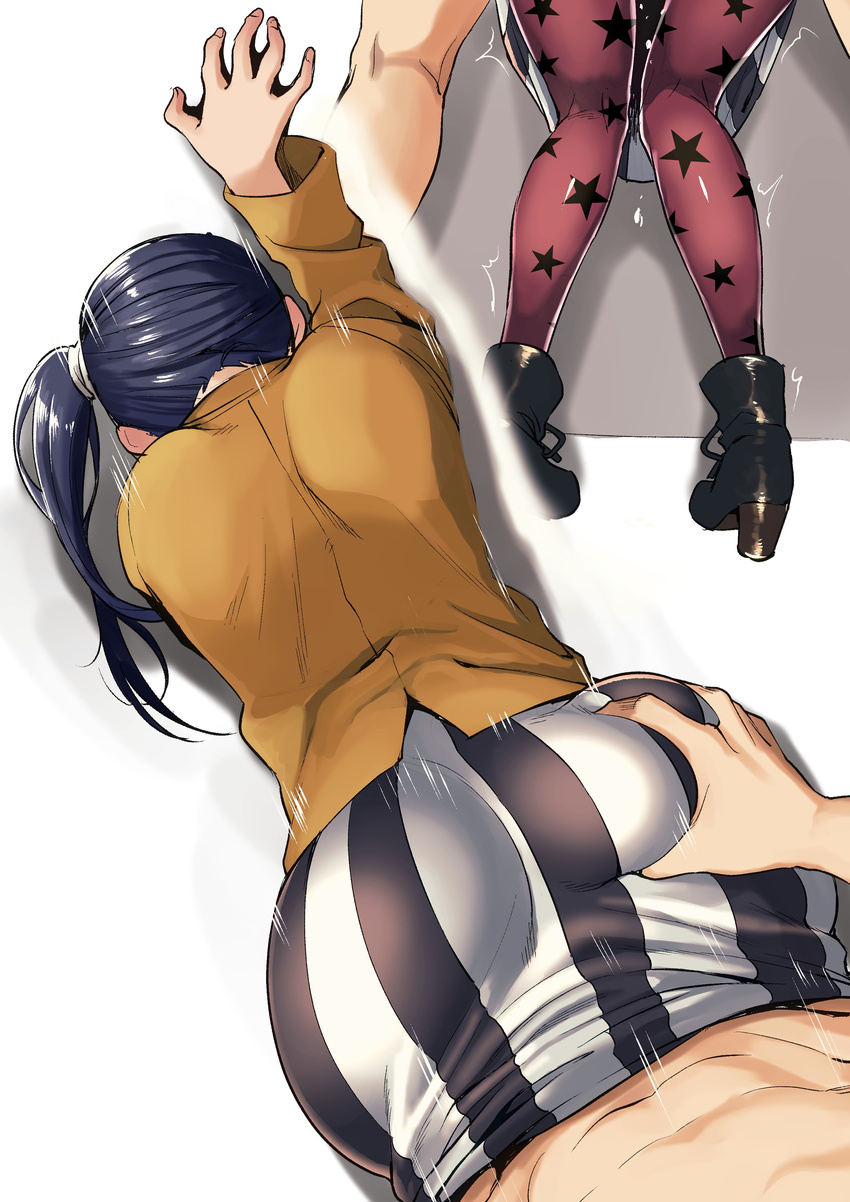 1girl absurdres amano_don ass ass_grab bent_over blue_hair boots brown_jacket clothed_female_nude_male commentary_request doggystyle dress facing_away high_heel_boots high_heels highres imai_midori implied_sex jacket long_hair long_sleeves motion_lines multiple_views nude pantyhose pov shirobako shirt side_ponytail skirt solo_focus star star_print striped vertical-striped_dress vertical_stripes